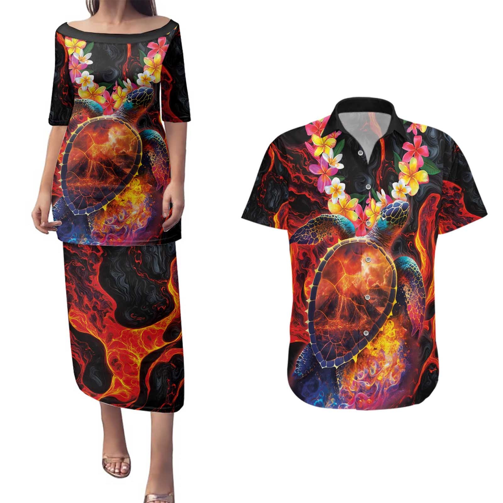 Hawaiian Turtle with Volcanic Eruption Couples Matching Puletasi and Hawaiian Shirt Hibiscus Lei and Lava Flow an Abstract Texture