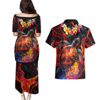 Hawaiian Turtle with Volcanic Eruption Couples Matching Puletasi and Hawaiian Shirt Hibiscus Lei and Lava Flow an Abstract Texture LT03 - Polynesian Pride