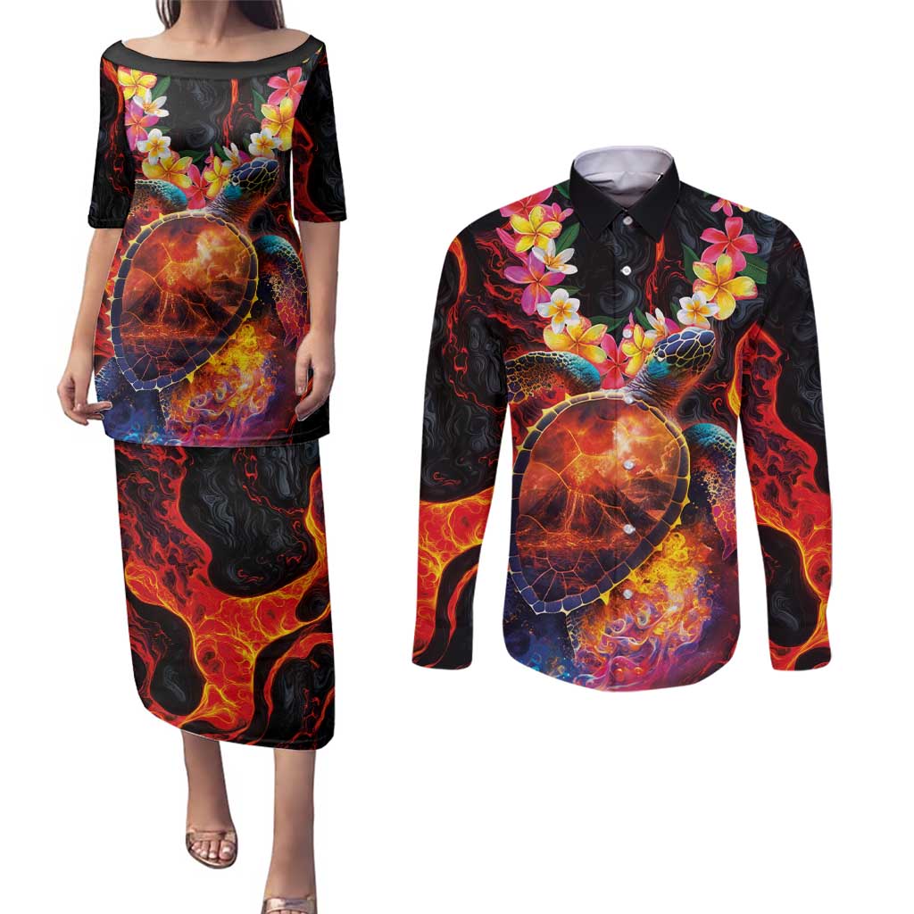 Hawaiian Turtle with Volcanic Eruption Couples Matching Puletasi and Long Sleeve Button Shirt Hibiscus Lei and Lava Flow an Abstract Texture LT03 Black - Polynesian Pride