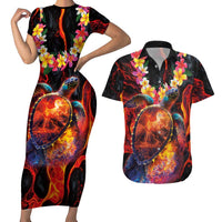 Hawaiian Turtle with Volcanic Eruption Couples Matching Short Sleeve Bodycon Dress and Hawaiian Shirt Hibiscus Lei and Lava Flow an Abstract Texture