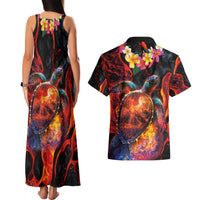 Hawaiian Turtle with Volcanic Eruption Couples Matching Tank Maxi Dress and Hawaiian Shirt Hibiscus Lei and Lava Flow an Abstract Texture