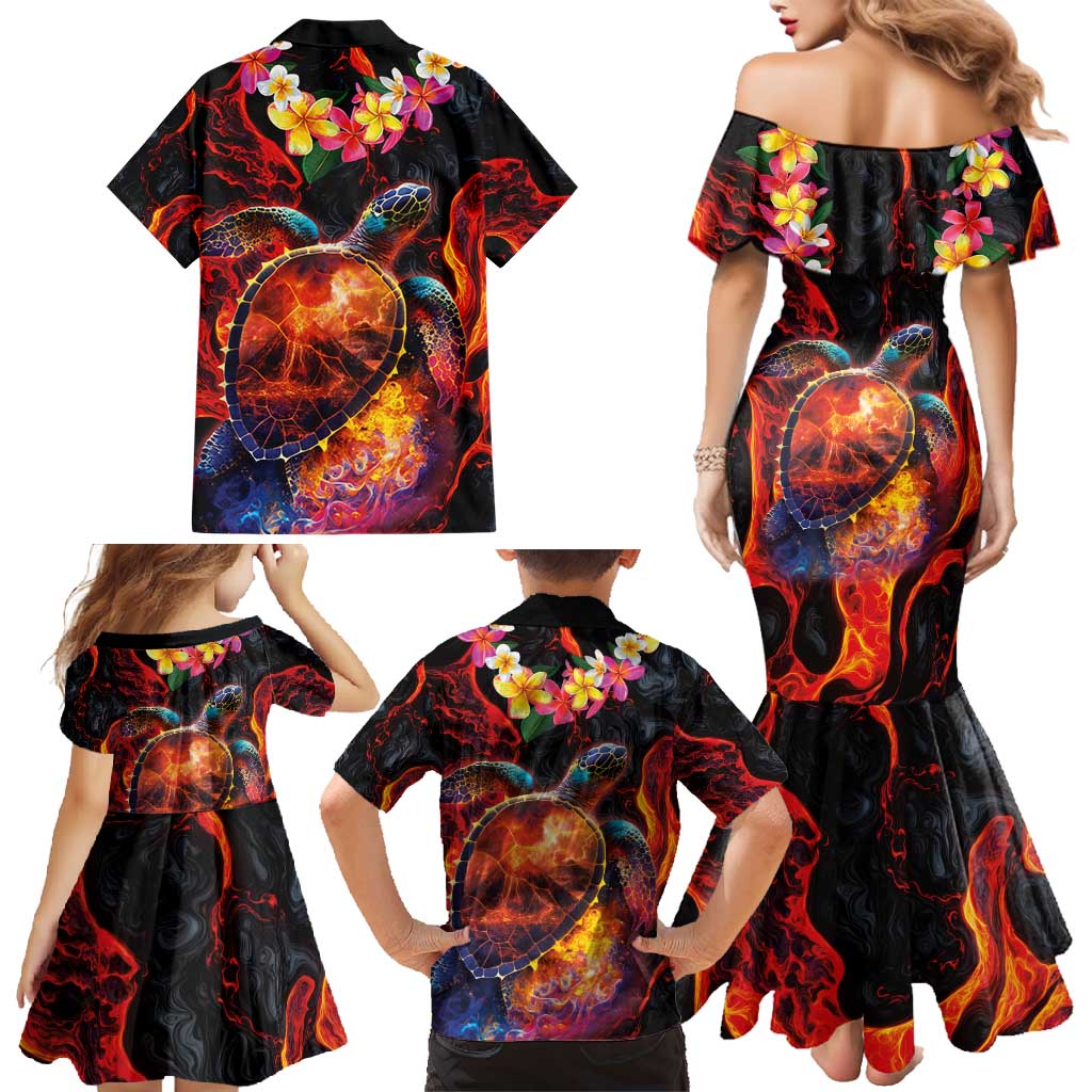 Hawaiian Turtle with Volcanic Eruption Family Matching Mermaid Dress and Hawaiian Shirt Hibiscus Lei and Lava Flow an Abstract Texture LT03 - Polynesian Pride