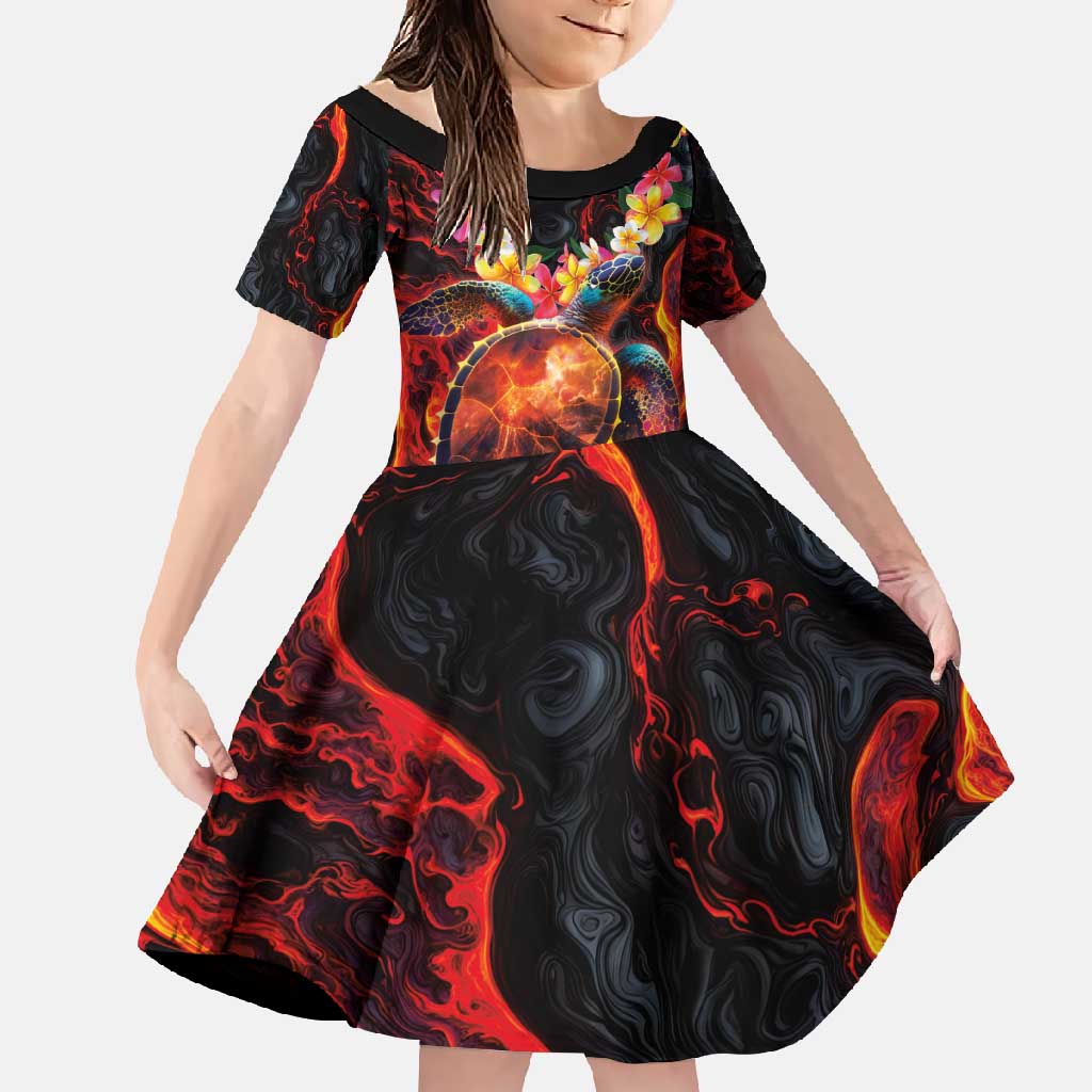 Hawaiian Turtle with Volcanic Eruption Family Matching Off Shoulder Maxi Dress and Hawaiian Shirt Hibiscus Lei and Lava Flow an Abstract Texture LT03 Daughter's Dress Black - Polynesian Pride