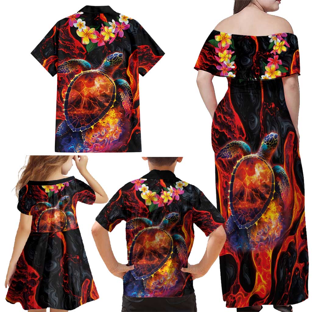 Hawaiian Turtle with Volcanic Eruption Family Matching Off Shoulder Maxi Dress and Hawaiian Shirt Hibiscus Lei and Lava Flow an Abstract Texture LT03 - Polynesian Pride