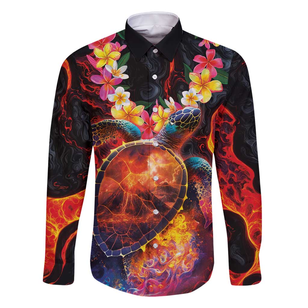 Hawaiian Turtle with Volcanic Eruption Family Matching Off Shoulder Maxi Dress and Hawaiian Shirt Hibiscus Lei and Lava Flow an Abstract Texture LT03 Dad's Shirt - Long Sleeve Black - Polynesian Pride