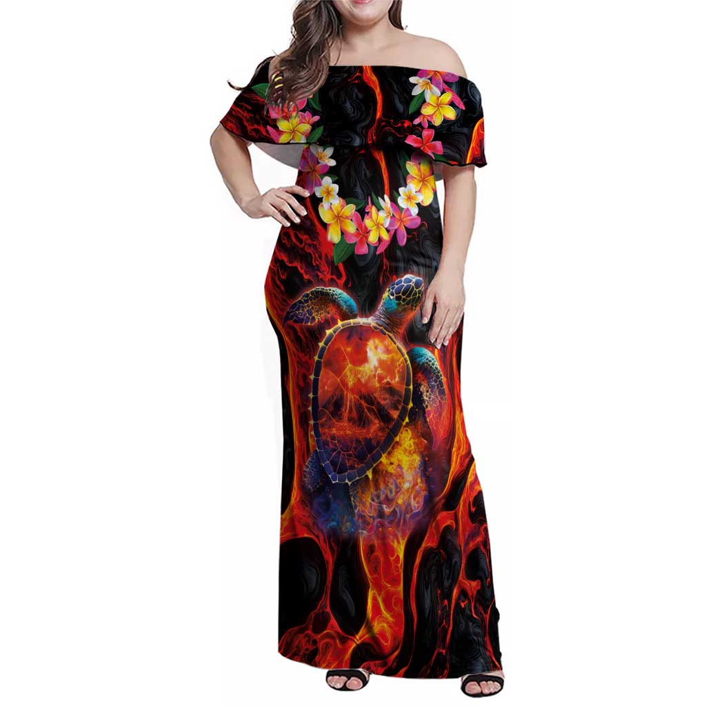 Hawaiian Turtle with Volcanic Eruption Family Matching Off Shoulder Maxi Dress and Hawaiian Shirt Hibiscus Lei and Lava Flow an Abstract Texture LT03 Mom's Dress Black - Polynesian Pride