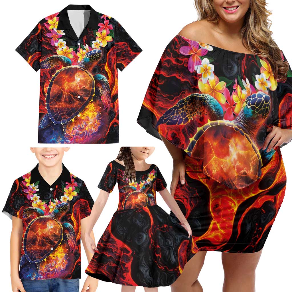 Hawaiian Turtle with Volcanic Eruption Family Matching Off Shoulder Short Dress and Hawaiian Shirt Hibiscus Lei and Lava Flow an Abstract Texture