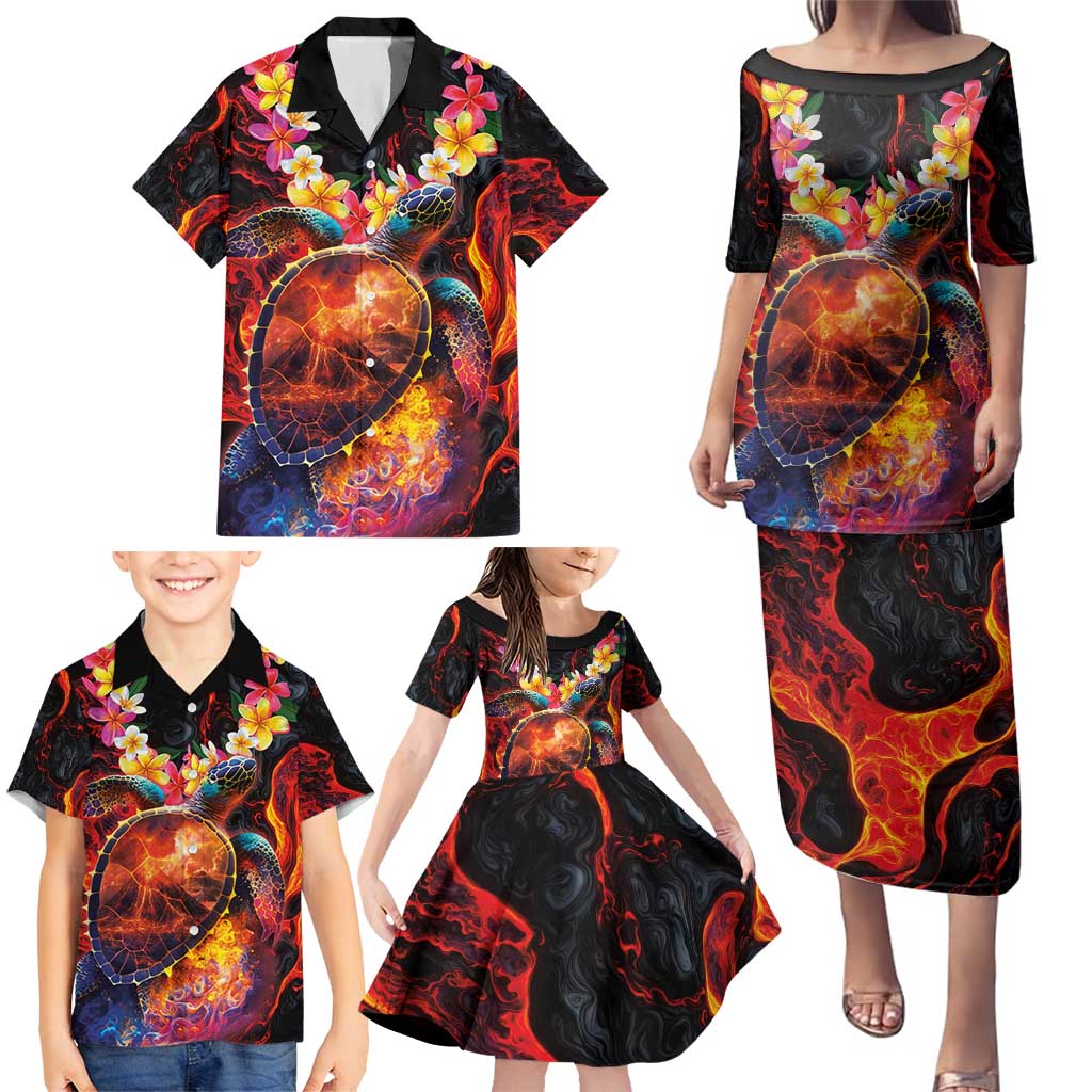 Hawaiian Turtle with Volcanic Eruption Family Matching Puletasi and Hawaiian Shirt Hibiscus Lei and Lava Flow an Abstract Texture LT03 - Polynesian Pride