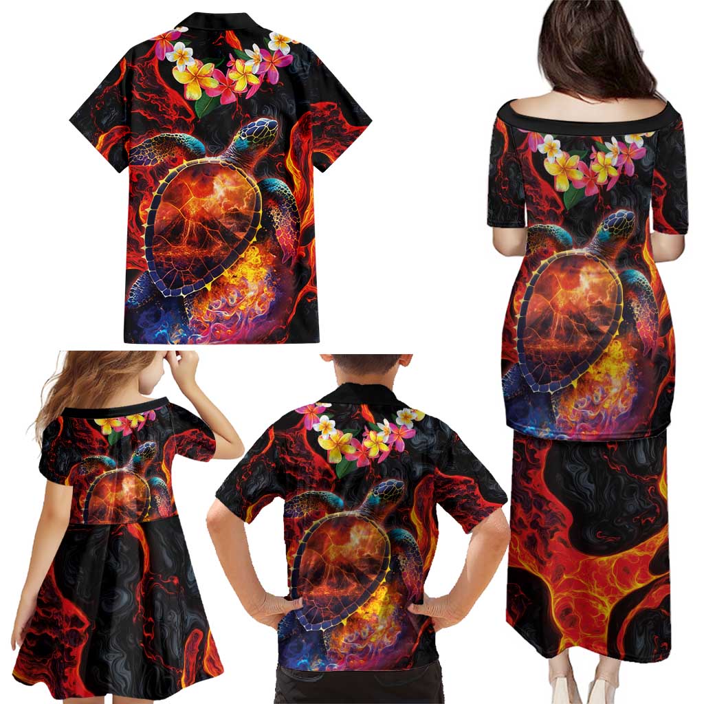 Hawaiian Turtle with Volcanic Eruption Family Matching Puletasi and Hawaiian Shirt Hibiscus Lei and Lava Flow an Abstract Texture LT03 - Polynesian Pride