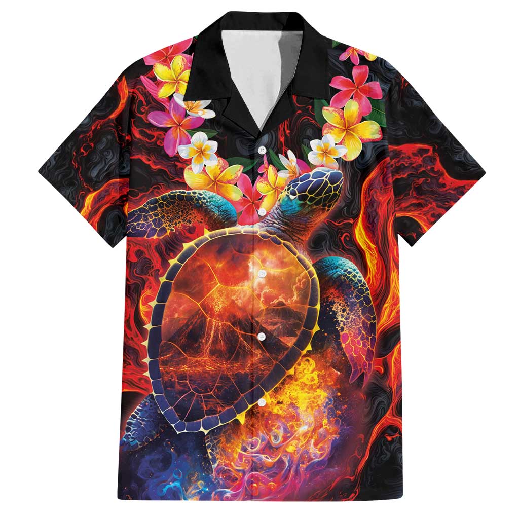 Hawaiian Turtle with Volcanic Eruption Family Matching Puletasi and Hawaiian Shirt Hibiscus Lei and Lava Flow an Abstract Texture LT03 Dad's Shirt - Short Sleeve Black - Polynesian Pride