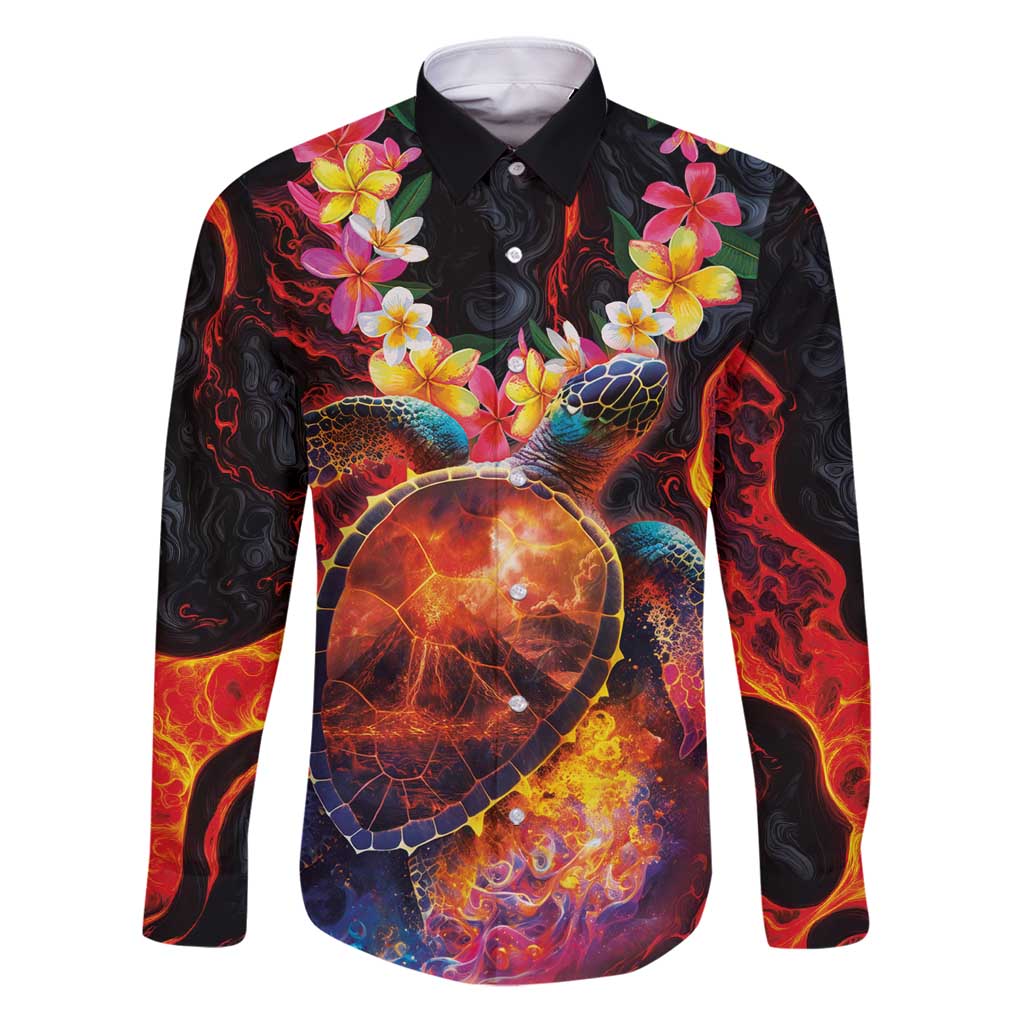 Hawaiian Turtle with Volcanic Eruption Family Matching Puletasi and Hawaiian Shirt Hibiscus Lei and Lava Flow an Abstract Texture LT03 Dad's Shirt - Long Sleeve Black - Polynesian Pride