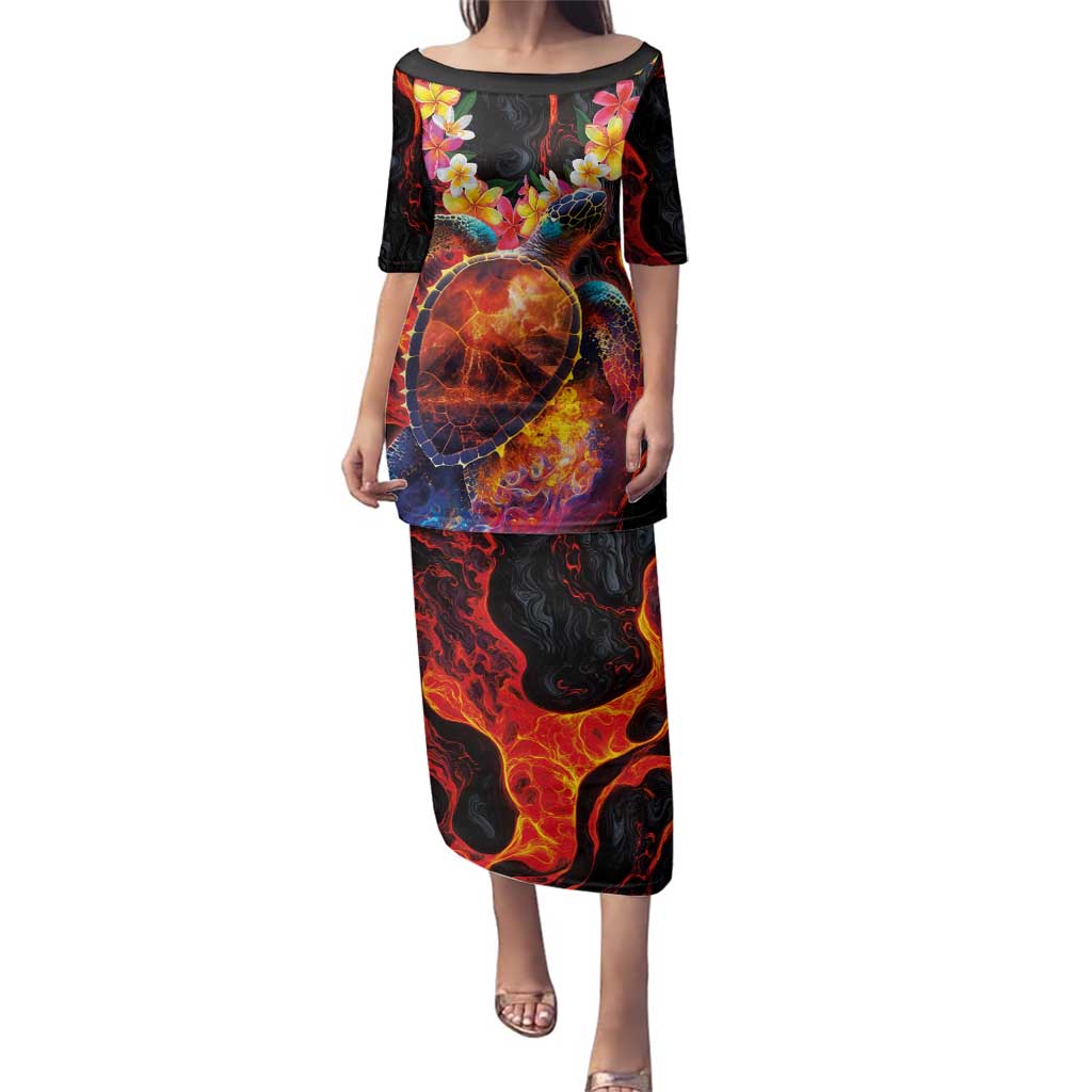 Hawaiian Turtle with Volcanic Eruption Family Matching Puletasi and Hawaiian Shirt Hibiscus Lei and Lava Flow an Abstract Texture LT03 Mom's Dress Black - Polynesian Pride
