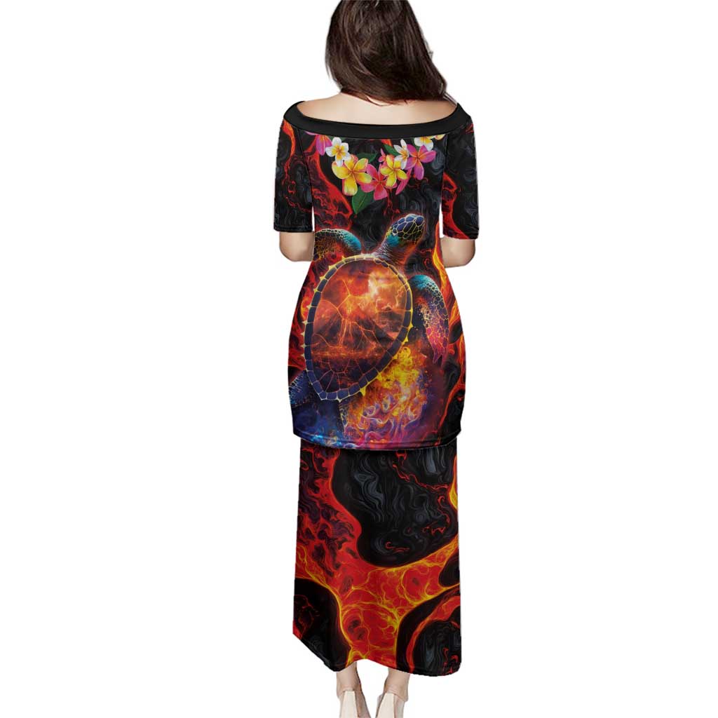 Hawaiian Turtle with Volcanic Eruption Family Matching Puletasi and Hawaiian Shirt Hibiscus Lei and Lava Flow an Abstract Texture LT03 - Polynesian Pride