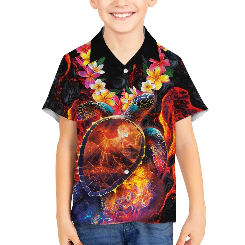 Hawaiian Turtle with Volcanic Eruption Family Matching Puletasi and Hawaiian Shirt Hibiscus Lei and Lava Flow an Abstract Texture LT03 Son's Shirt Black - Polynesian Pride