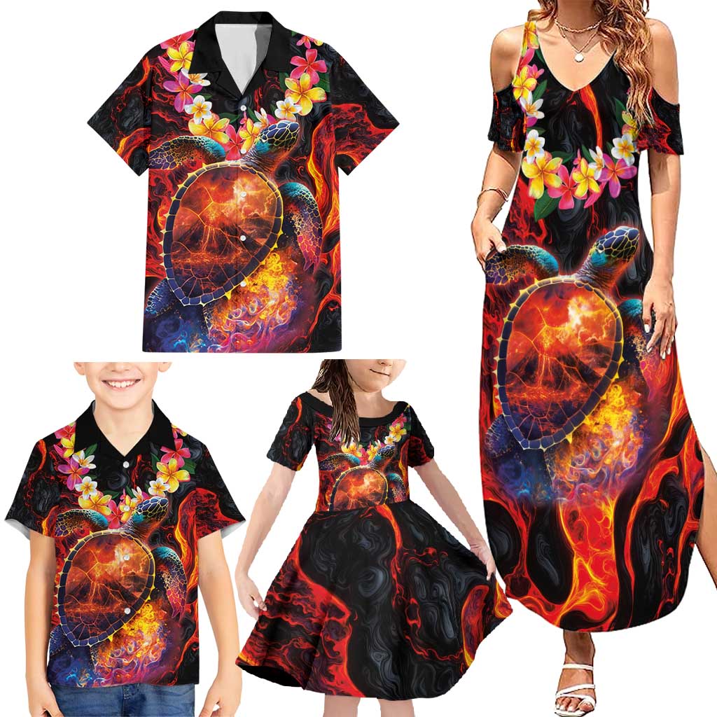 Hawaiian Turtle with Volcanic Eruption Family Matching Summer Maxi Dress and Hawaiian Shirt Hibiscus Lei and Lava Flow an Abstract Texture