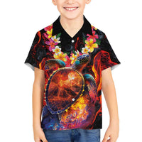 Hawaiian Turtle with Volcanic Eruption Hawaiian Shirt Hibiscus Lei and Lava Flow an Abstract Texture
