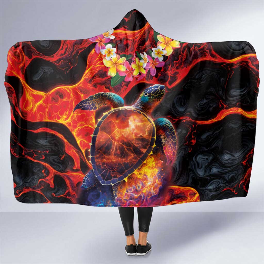 Hawaiian Turtle with Volcanic Eruption Hooded Blanket Hibiscus Lei and Lava Flow an Abstract Texture LT03 One Size Black - Polynesian Pride