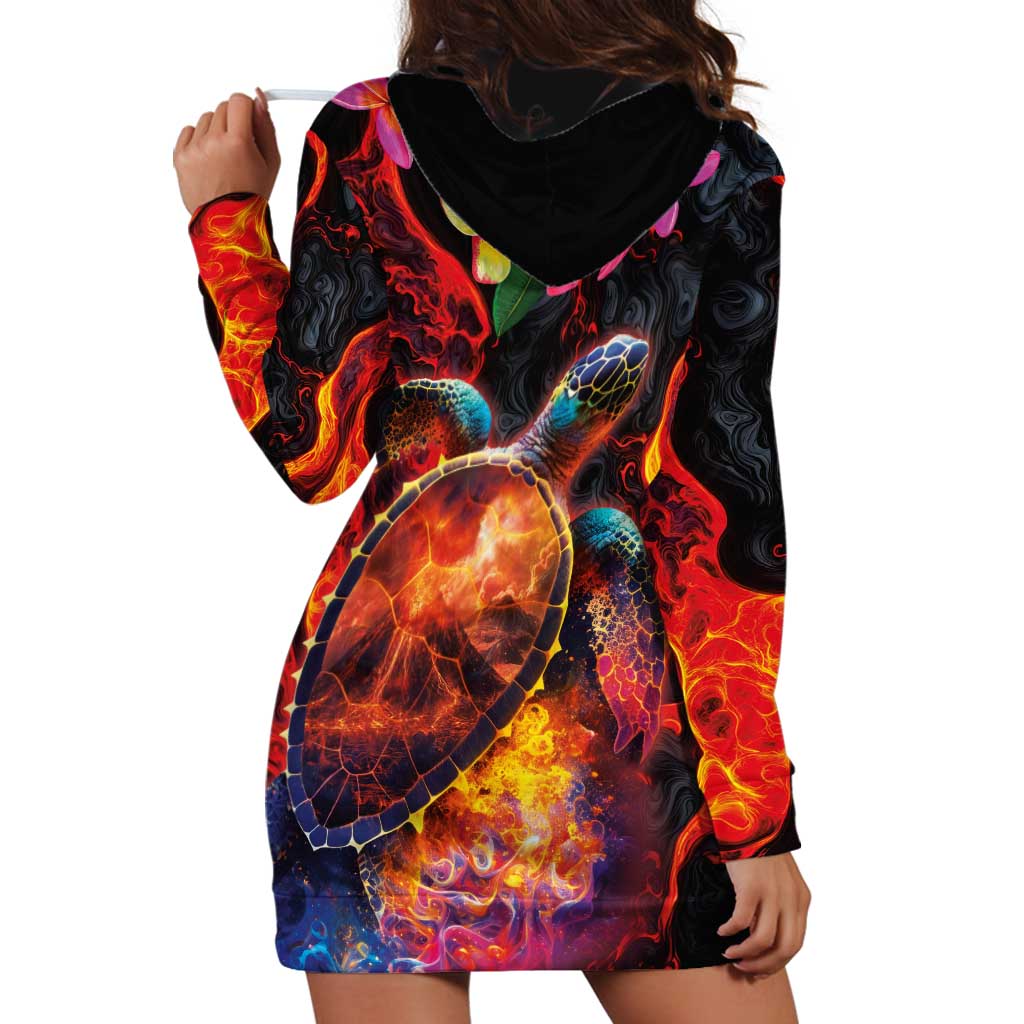 Hawaiian Turtle with Volcanic Eruption Hoodie Dress Hibiscus Lei and Lava Flow an Abstract Texture LT03 - Polynesian Pride