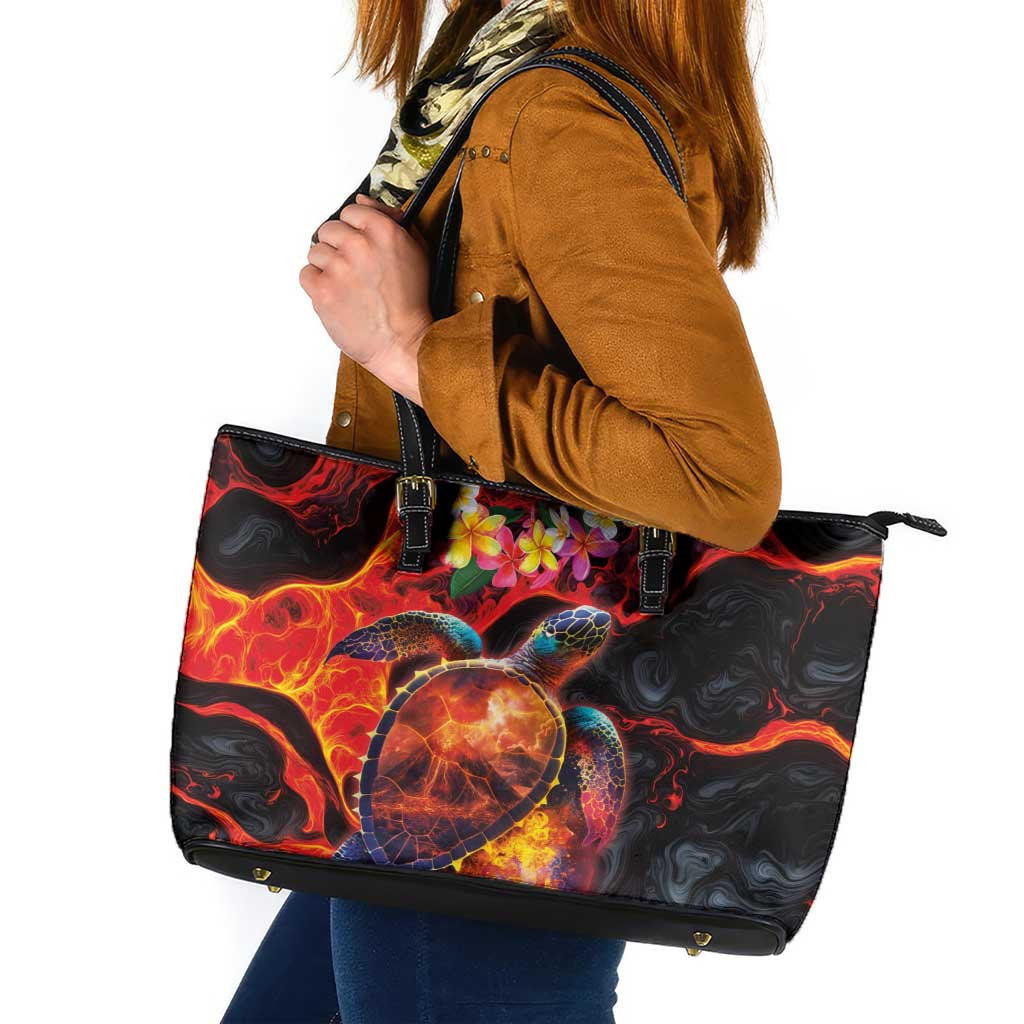 Hawaiian Turtle with Volcanic Eruption Leather Tote Bag Hibiscus Lei and Lava Flow an Abstract Texture LT03 Black - Polynesian Pride