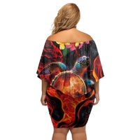 Hawaiian Turtle with Volcanic Eruption Off Shoulder Short Dress Hibiscus Lei and Lava Flow an Abstract Texture LT03 - Polynesian Pride