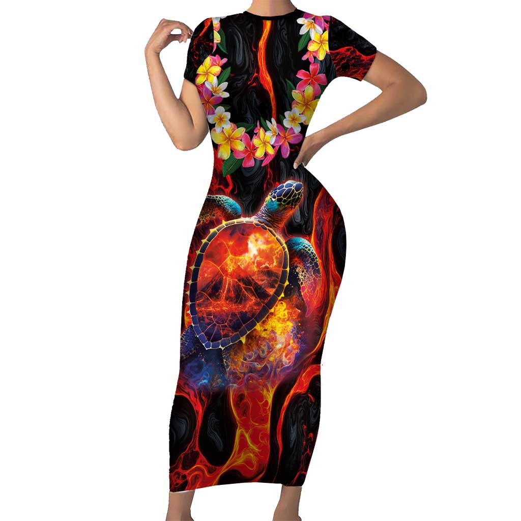 Hawaiian Turtle with Volcanic Eruption Short Sleeve Bodycon Dress Hibiscus Lei and Lava Flow an Abstract Texture LT03 Long Dress Black - Polynesian Pride