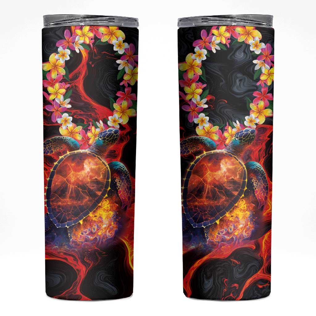 Hawaiian Turtle with Volcanic Eruption Skinny Tumbler Hibiscus Lei and Lava Flow an Abstract Texture LT03 Black - Polynesian Pride