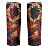 Hawaiian Turtle with Volcanic Eruption Skinny Tumbler Hibiscus Lei and Lava Flow an Abstract Texture LT03 Black - Polynesian Pride