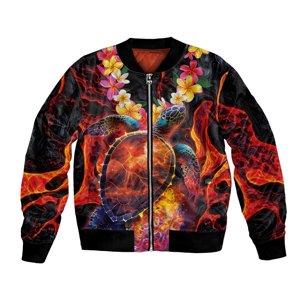 Hawaiian Turtle with Volcanic Eruption Sleeve Zip Bomber Jacket Hibiscus Lei and Lava Flow an Abstract Texture LT03 Unisex Black - Polynesian Pride