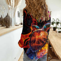 Hawaiian Turtle with Volcanic Eruption Women Casual Shirt Hibiscus Lei and Lava Flow an Abstract Texture LT03 - Polynesian Pride