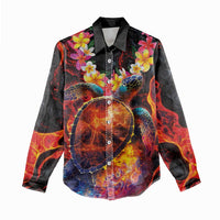 Hawaiian Turtle with Volcanic Eruption Women Casual Shirt Hibiscus Lei and Lava Flow an Abstract Texture LT03 - Polynesian Pride