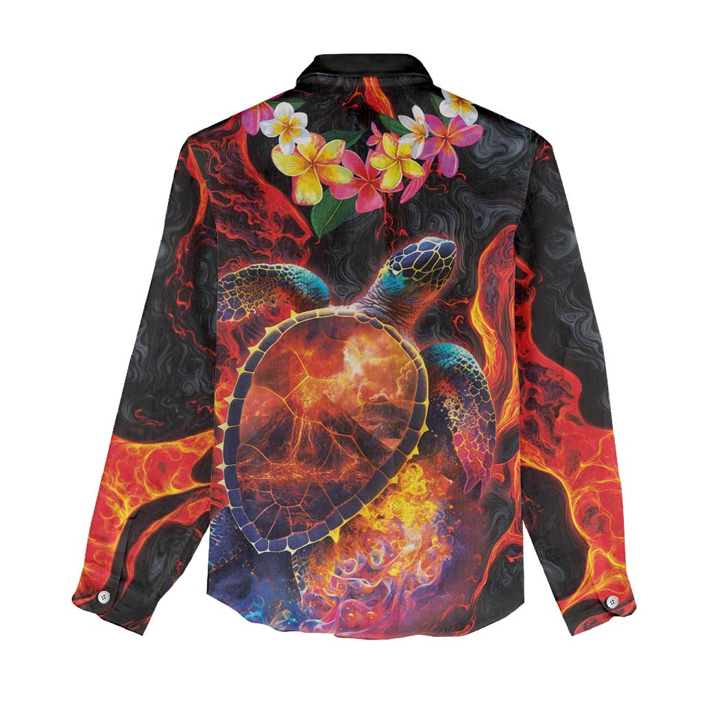 Hawaiian Turtle with Volcanic Eruption Women Casual Shirt Hibiscus Lei and Lava Flow an Abstract Texture LT03 - Polynesian Pride