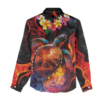 Hawaiian Turtle with Volcanic Eruption Women Casual Shirt Hibiscus Lei and Lava Flow an Abstract Texture LT03 - Polynesian Pride