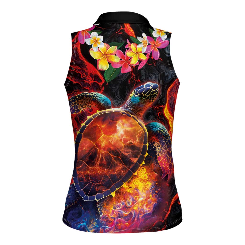 Hawaiian Turtle with Volcanic Eruption Women Sleeveless Polo Shirt Hibiscus Lei and Lava Flow an Abstract Texture LT03 - Polynesian Pride