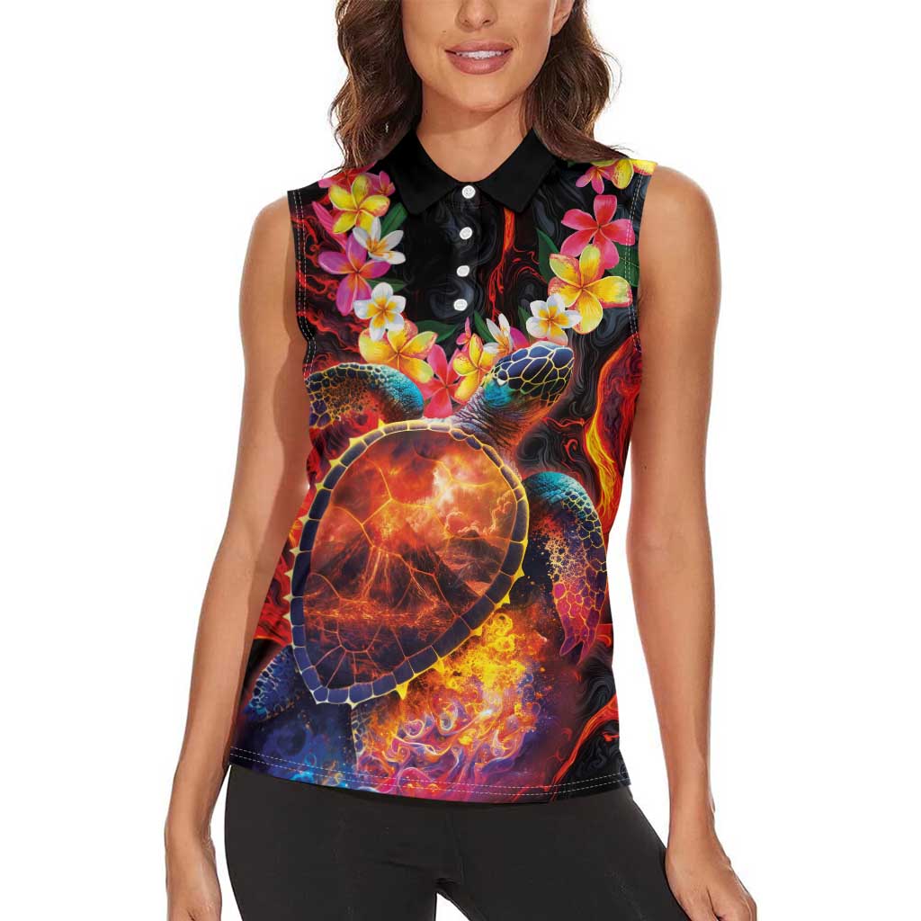 Hawaiian Turtle with Volcanic Eruption Women Sleeveless Polo Shirt Hibiscus Lei and Lava Flow an Abstract Texture LT03 - Polynesian Pride