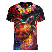 Hawaiian Turtle with Volcanic Eruption Women V-Neck T-Shirt Hibiscus Lei and Lava Flow an Abstract Texture LT03 - Polynesian Pride