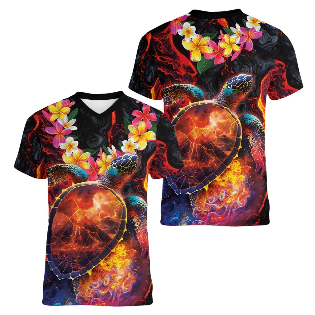 Hawaiian Turtle with Volcanic Eruption Women V-Neck T-Shirt Hibiscus Lei and Lava Flow an Abstract Texture LT03 - Polynesian Pride