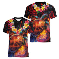 Hawaiian Turtle with Volcanic Eruption Women V-Neck T-Shirt Hibiscus Lei and Lava Flow an Abstract Texture LT03 - Polynesian Pride