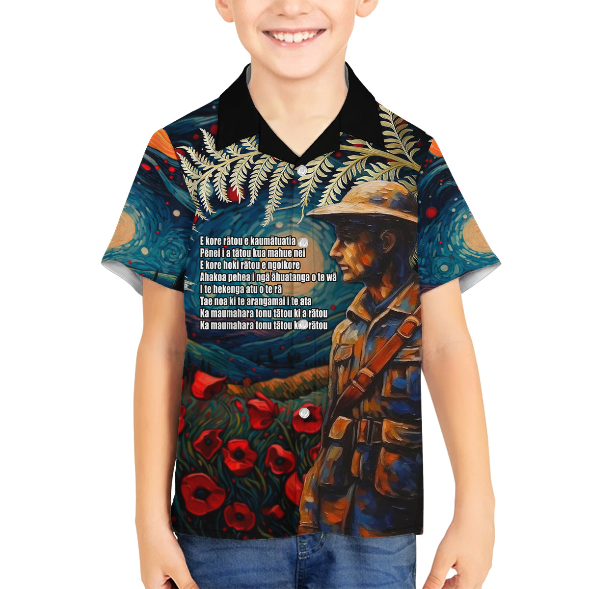 New Zealand Soldier ANZAC Day Family Matching Off Shoulder Long Sleeve Dress and Hawaiian Shirt Silver Fern Starry Night Style LT03 Son's Shirt Blue - Polynesian Pride