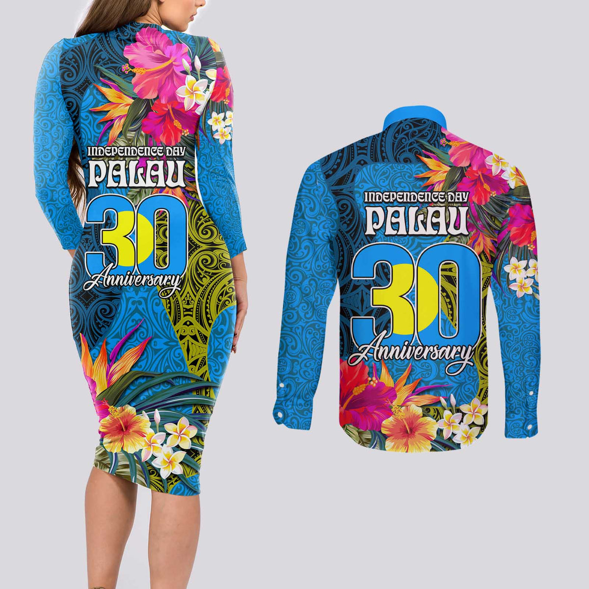 Palau Independence Day Couples Matching Long Sleeve Bodycon Dress and Long Sleeve Button Shirt 1st October 30th Anniversary Polynesian Jungle Flower LT03 - Polynesian Pride