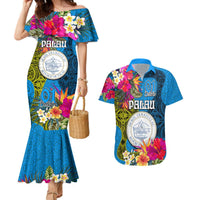 Palau Independence Day Couples Matching Mermaid Dress and Hawaiian Shirt 1st October 30th Anniversary Polynesian Jungle Flower LT03 Blue - Polynesian Pride