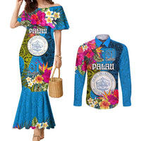 Palau Independence Day Couples Matching Mermaid Dress and Long Sleeve Button Shirt 1st October 30th Anniversary Polynesian Jungle Flower LT03 Blue - Polynesian Pride