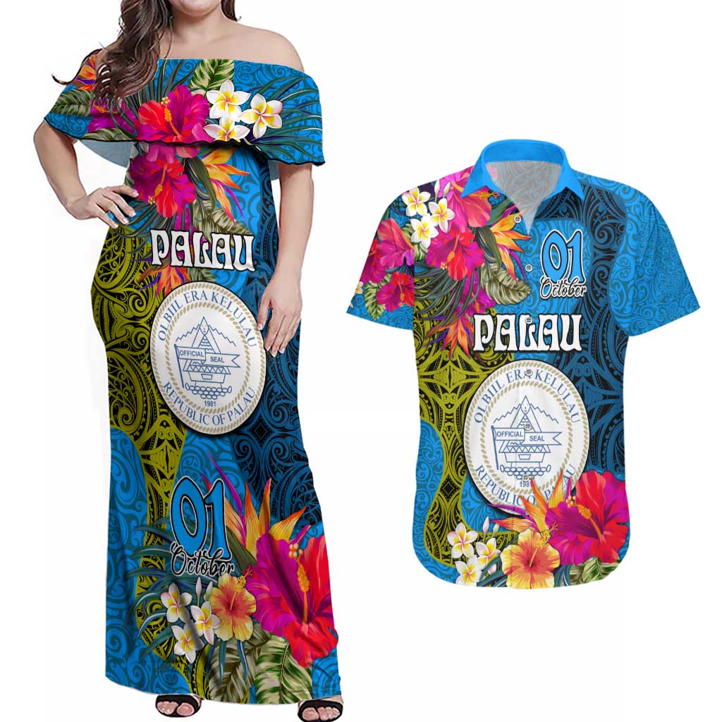 Palau Independence Day Couples Matching Off Shoulder Maxi Dress and Hawaiian Shirt 1st October 30th Anniversary Polynesian Jungle Flower LT03 Blue - Polynesian Pride