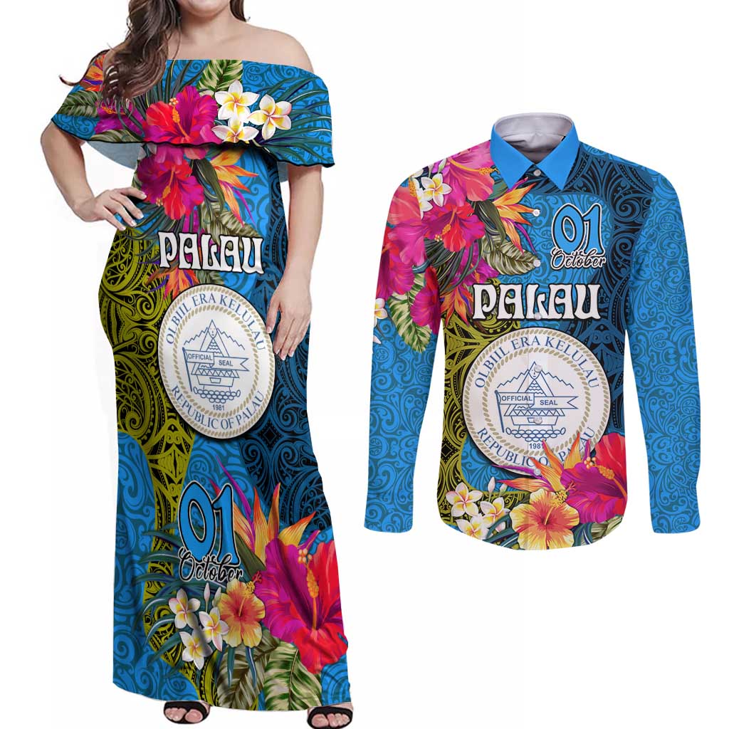 Palau Independence Day Couples Matching Off Shoulder Maxi Dress and Long Sleeve Button Shirt 1st October 30th Anniversary Polynesian Jungle Flower LT03 Blue - Polynesian Pride