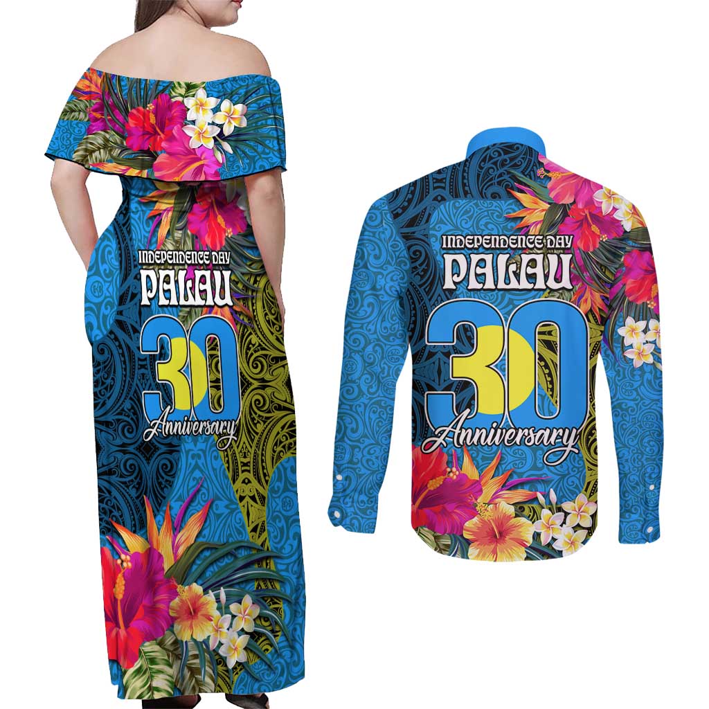 Palau Independence Day Couples Matching Off Shoulder Maxi Dress and Long Sleeve Button Shirt 1st October 30th Anniversary Polynesian Jungle Flower LT03 - Polynesian Pride
