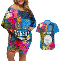 Palau Independence Day Couples Matching Off Shoulder Short Dress and Hawaiian Shirt 1st October 30th Anniversary Polynesian Jungle Flower LT03 Blue - Polynesian Pride