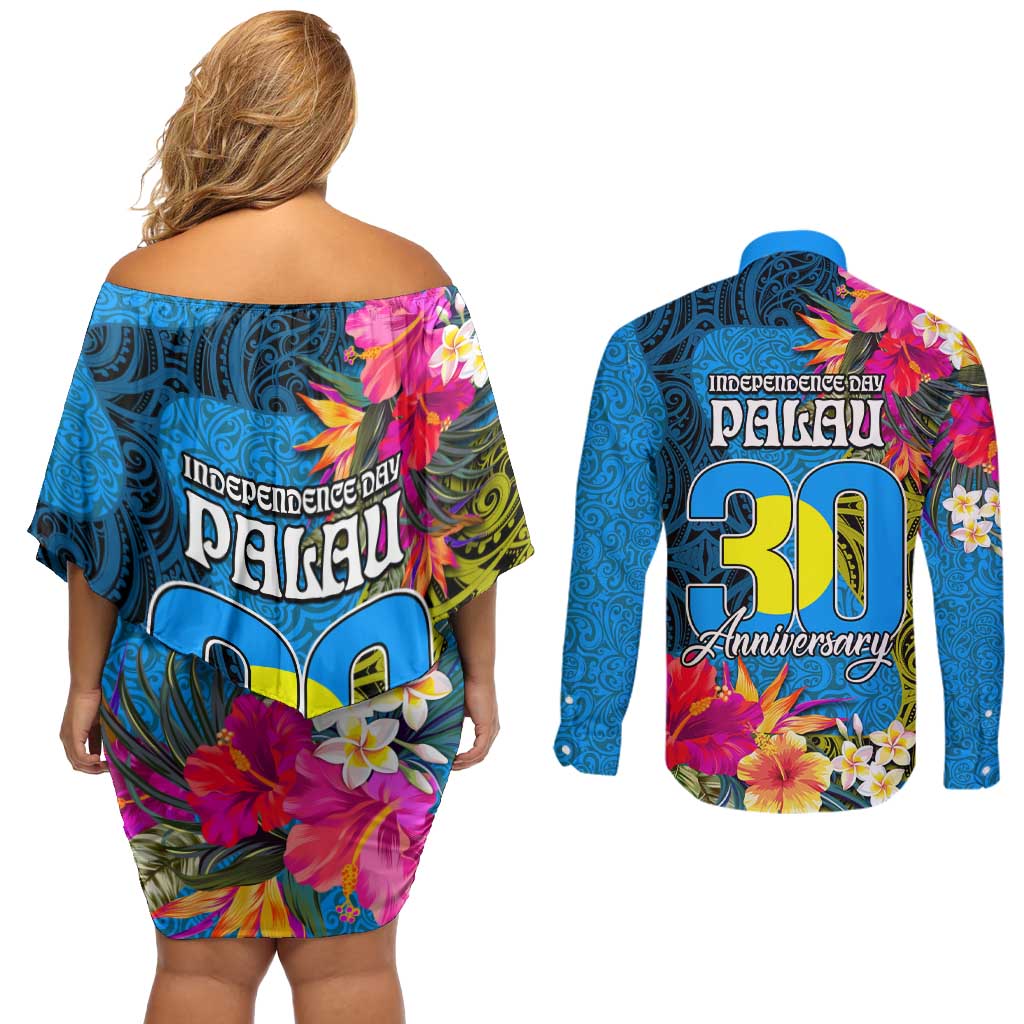Palau Independence Day Couples Matching Off Shoulder Short Dress and Long Sleeve Button Shirt 1st October 30th Anniversary Polynesian Jungle Flower LT03 - Polynesian Pride