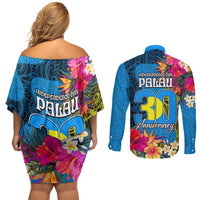 Palau Independence Day Couples Matching Off Shoulder Short Dress and Long Sleeve Button Shirt 1st October 30th Anniversary Polynesian Jungle Flower LT03 - Polynesian Pride