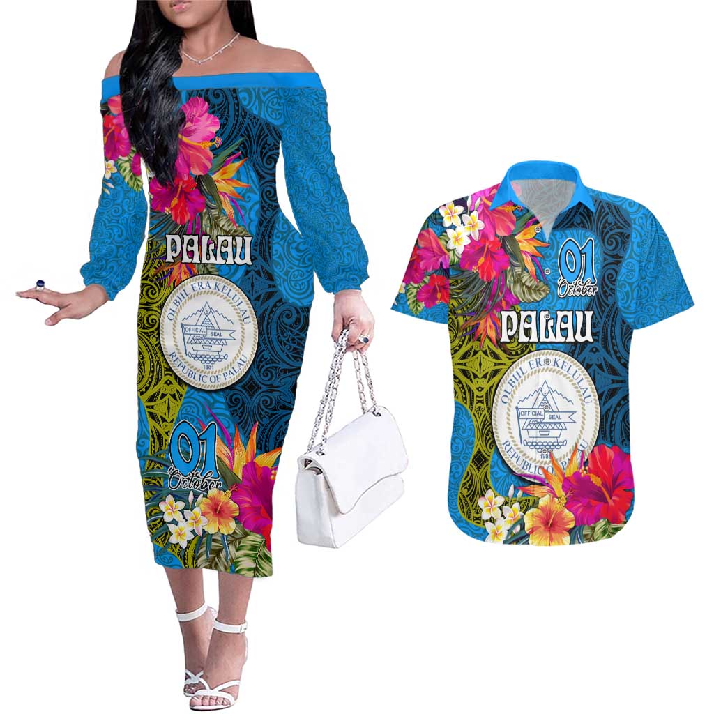 Palau Independence Day Couples Matching Off The Shoulder Long Sleeve Dress and Hawaiian Shirt 1st October 30th Anniversary Polynesian Jungle Flower LT03 Blue - Polynesian Pride