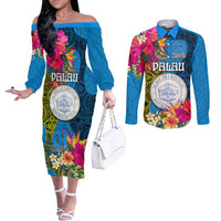 Palau Independence Day Couples Matching Off The Shoulder Long Sleeve Dress and Long Sleeve Button Shirt 1st October 30th Anniversary Polynesian Jungle Flower LT03 Blue - Polynesian Pride