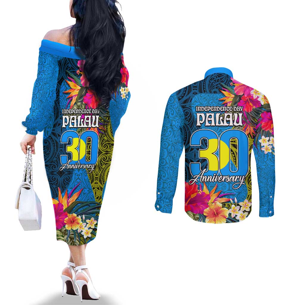 Palau Independence Day Couples Matching Off The Shoulder Long Sleeve Dress and Long Sleeve Button Shirt 1st October 30th Anniversary Polynesian Jungle Flower LT03 - Polynesian Pride